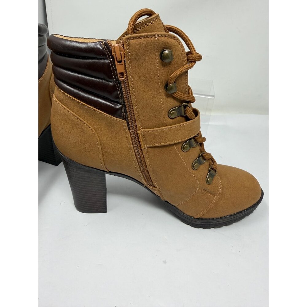 Andiamo Womens Tan Lace Up Heeled Ankle Boots Size 9.5 Faux Leather Zip Booties - Picture 5 of 9